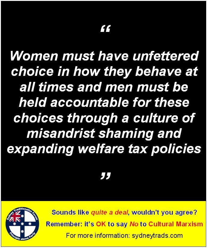 STF Poster - Women must have unfettered choice in how they behave at all times and men must be held accountable for these choices through a culture of misandrist shaming and welfare tax