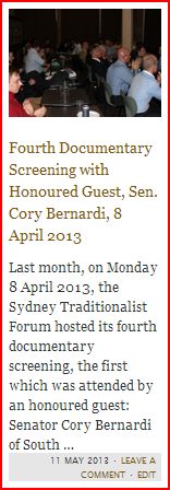 Fourth Documentary Screening with Honoured Guest, Sen. Cory Bernardi, 8 April 2013